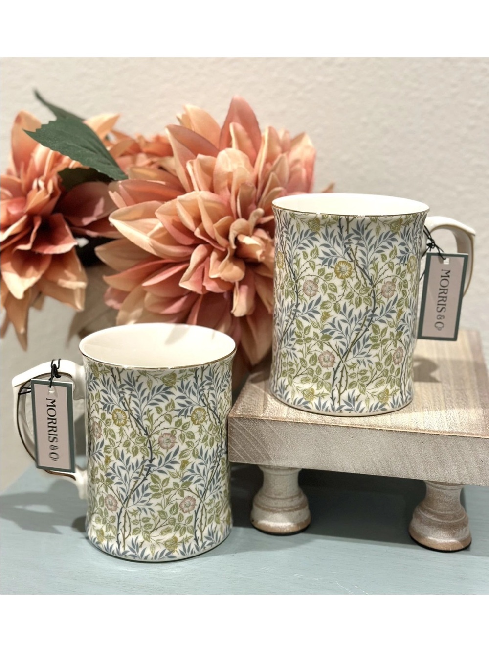 2 Morris & Co Porcelain Gold Rim Sweet Briar Mugs Floral Pastel Green Blue Pink